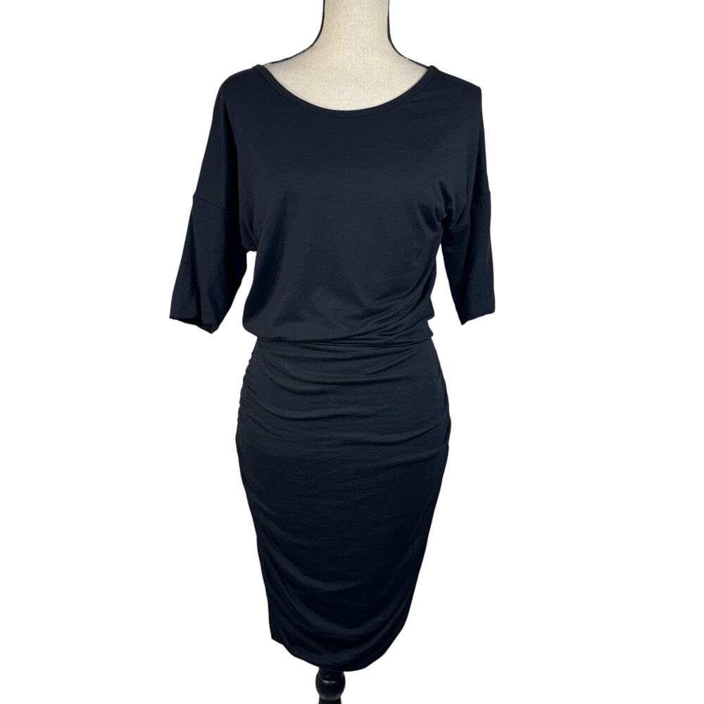 Athleta Small Solstice T-Shirt Blouson Dress Stretch Pullover Ruched Sides Black